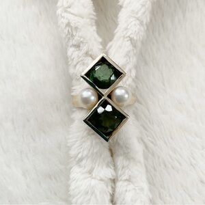 Vintage 14K Gold Modernist Ring Green Stones & Pearls Repurposed Cufflinks